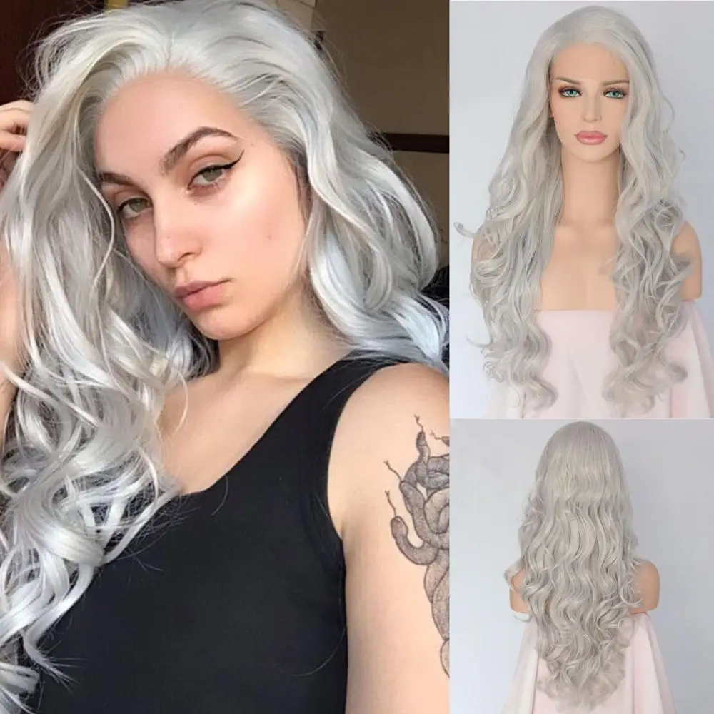 BeautyTown, ручная вязка, серый, белый, серебристый цвет, волнистые, стиль Camgirl, косплей, для женщин, повседневный макияж, вечерние, синтетические, на кружеве, передние парики