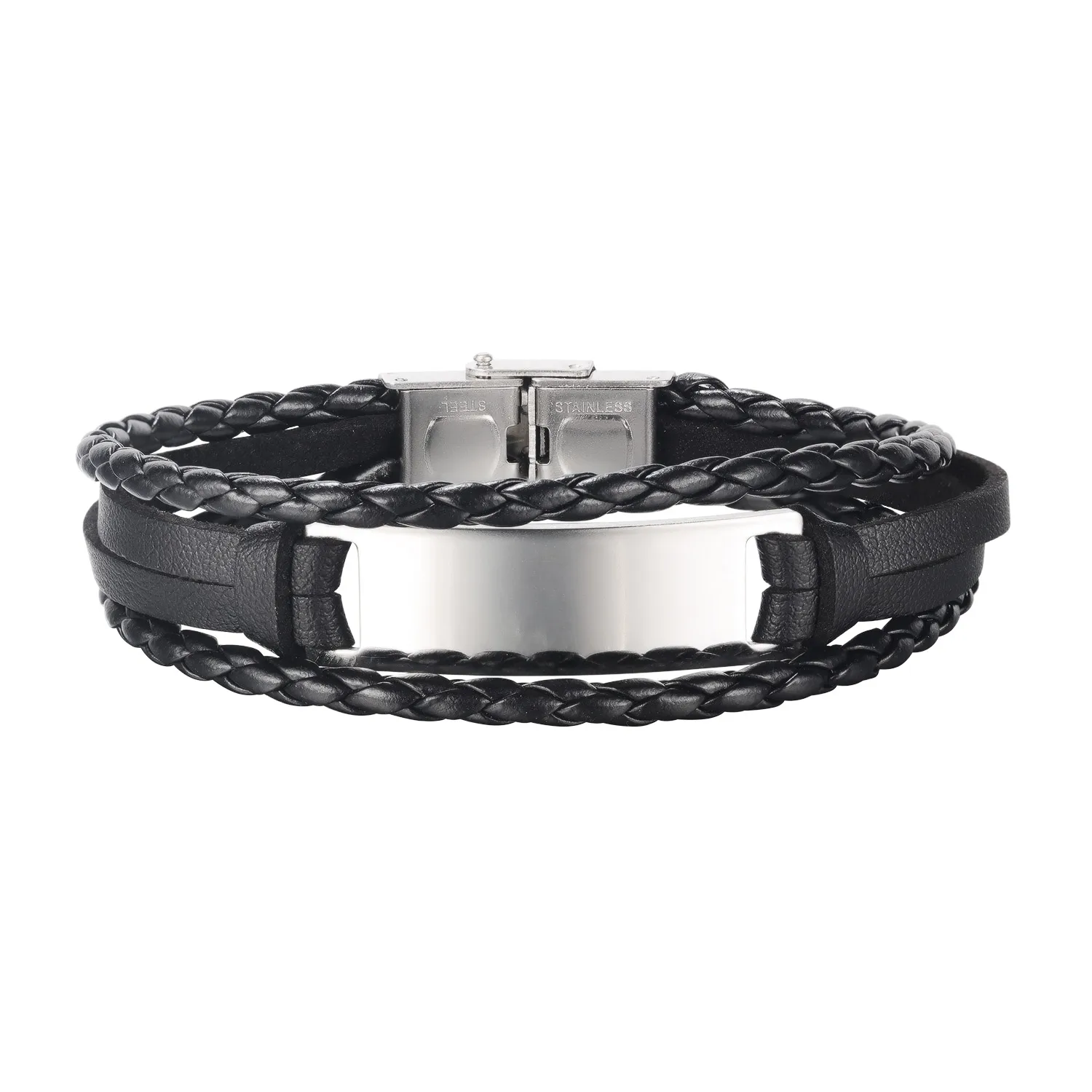 

JIALY European Men Boy Braided Multi-layer Leather Bracelet Smooth Tag Charm Stainless Steel Button Wristband B0177