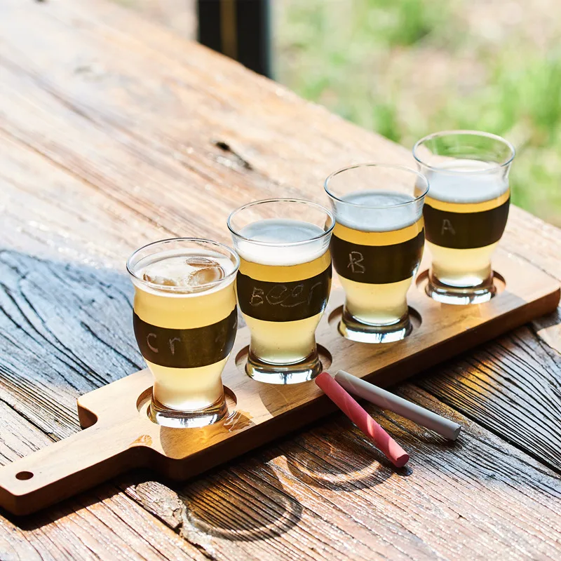

4 Cups Imported Craft Beer Mug Set Trumpet with Wooden Tray Bar Party Glass Cup Water Cup Personality Graffiti Wedding Drinkware
