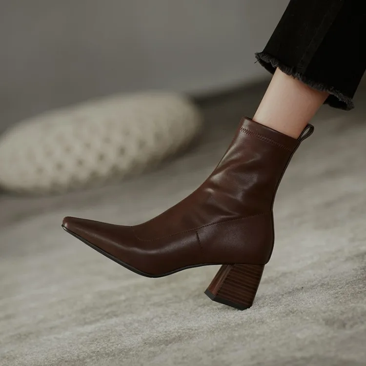 

MLJUESE 2021 women ankle boots soft Microfiber winter short plush slip on square toe high heels female Chelsea boots size 34-39