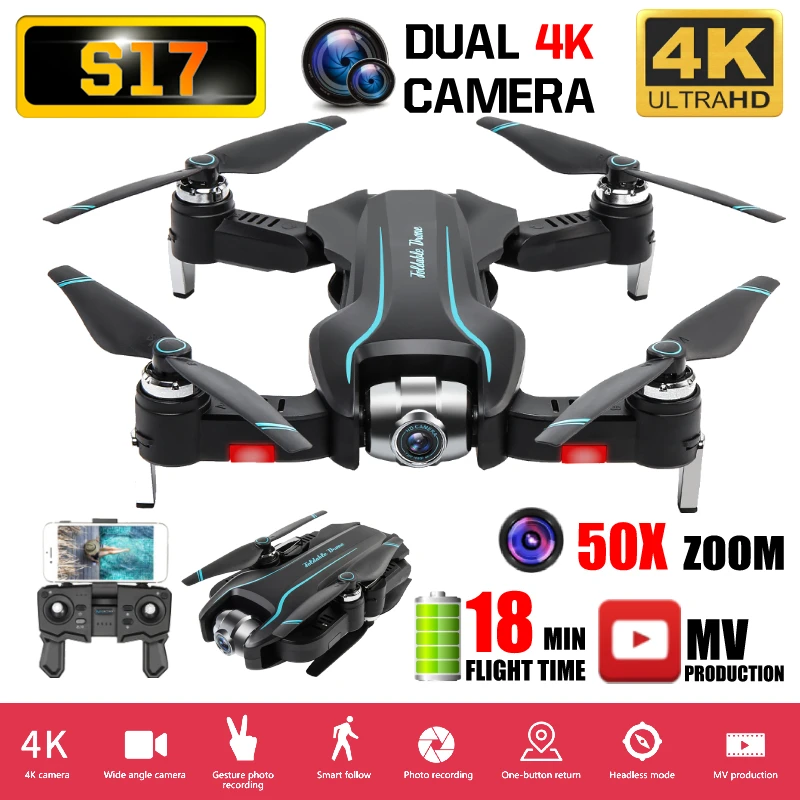 Радиоуправляемый квадрокоптер S17 Дрон 4K HD ESC 50X зум широкоугольный двойная камера