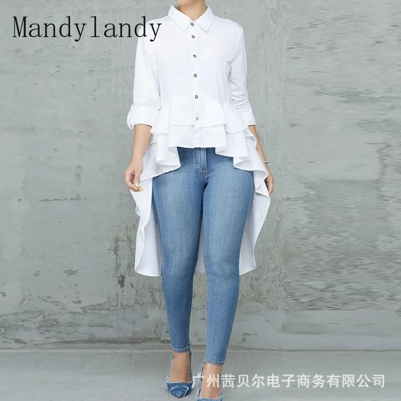 

Mandylandy Shirt Women's Long Sleeve Single Breasted Turn-down Collar Irregular Shirt Spring Solid Slim Ruffled Stitching Shirt