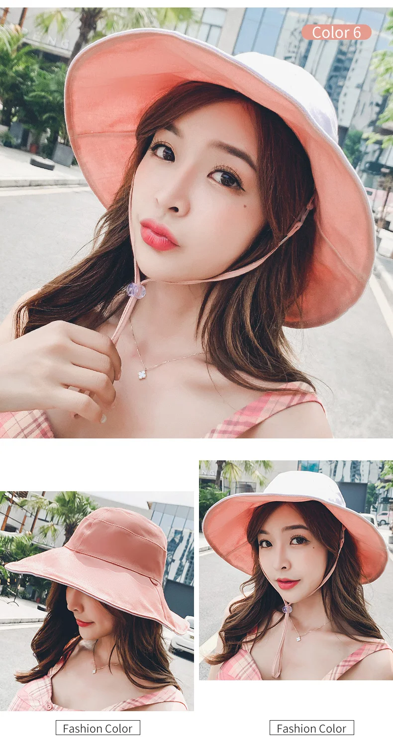 Wide Brim Cotton Bucket Hat Reversible for Women Summer Hiking Anti-sunburn White Fisherman Caps Ladies Fashion Pink Bucket Hat