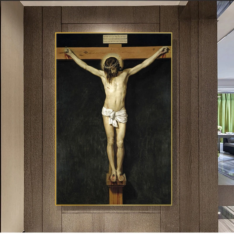 

Christian mural posters and printed pictures hang on the canvas of Christ nailed to the cross, home and living room decorations