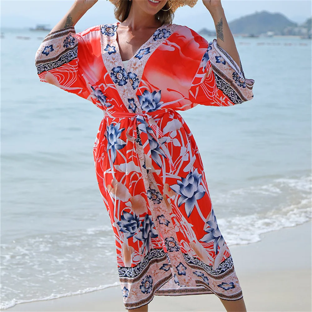 

2021 Fashion Casual Cotton Kimono Vintage Beach Cover Up Swimwear Crane Print Pink Long Cardigan Bohemian Oversize Bikini Outing