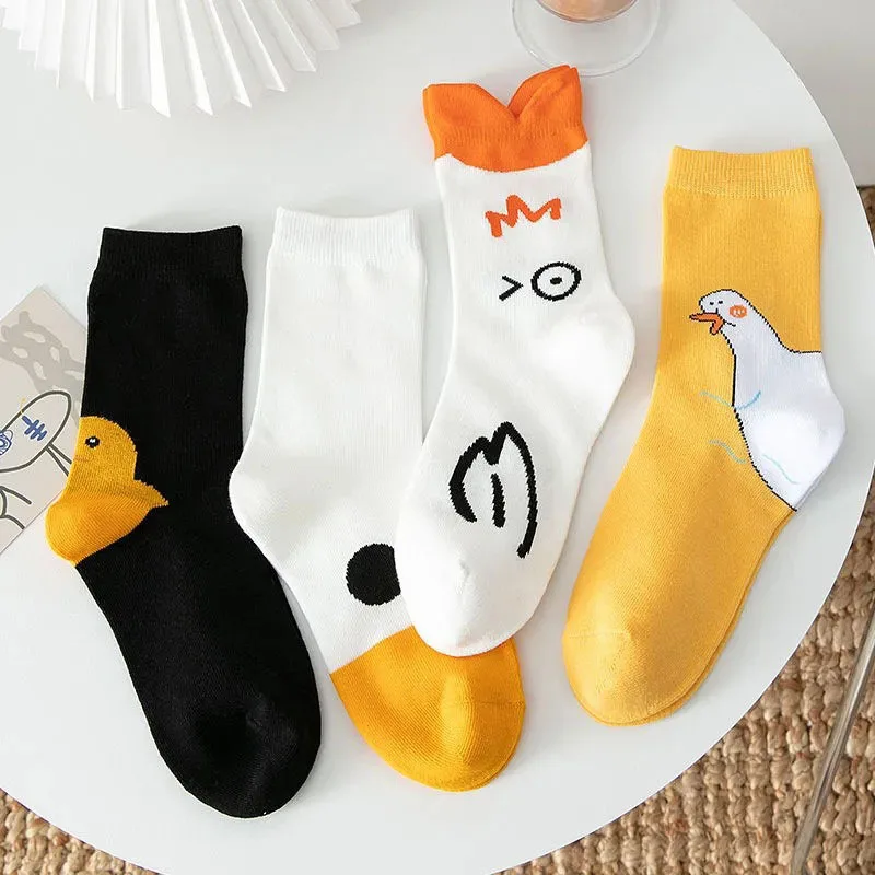 

Spring Summer Cartoon Socks Girls Animal Print Yellow Little Duck Cute Calcetines Streetwear Harajuku Kawaii Women's Funny Socks