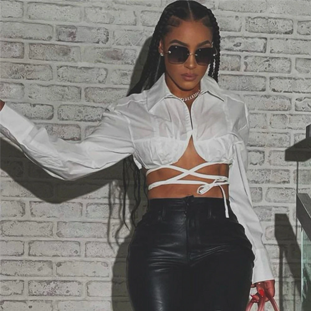 

Sexy Solid Lace Up Backless T-Shirts Shirt For Women Lapel Long Sleeve Korean Short Slim Blouses 2021 Fashion Summer Clothing