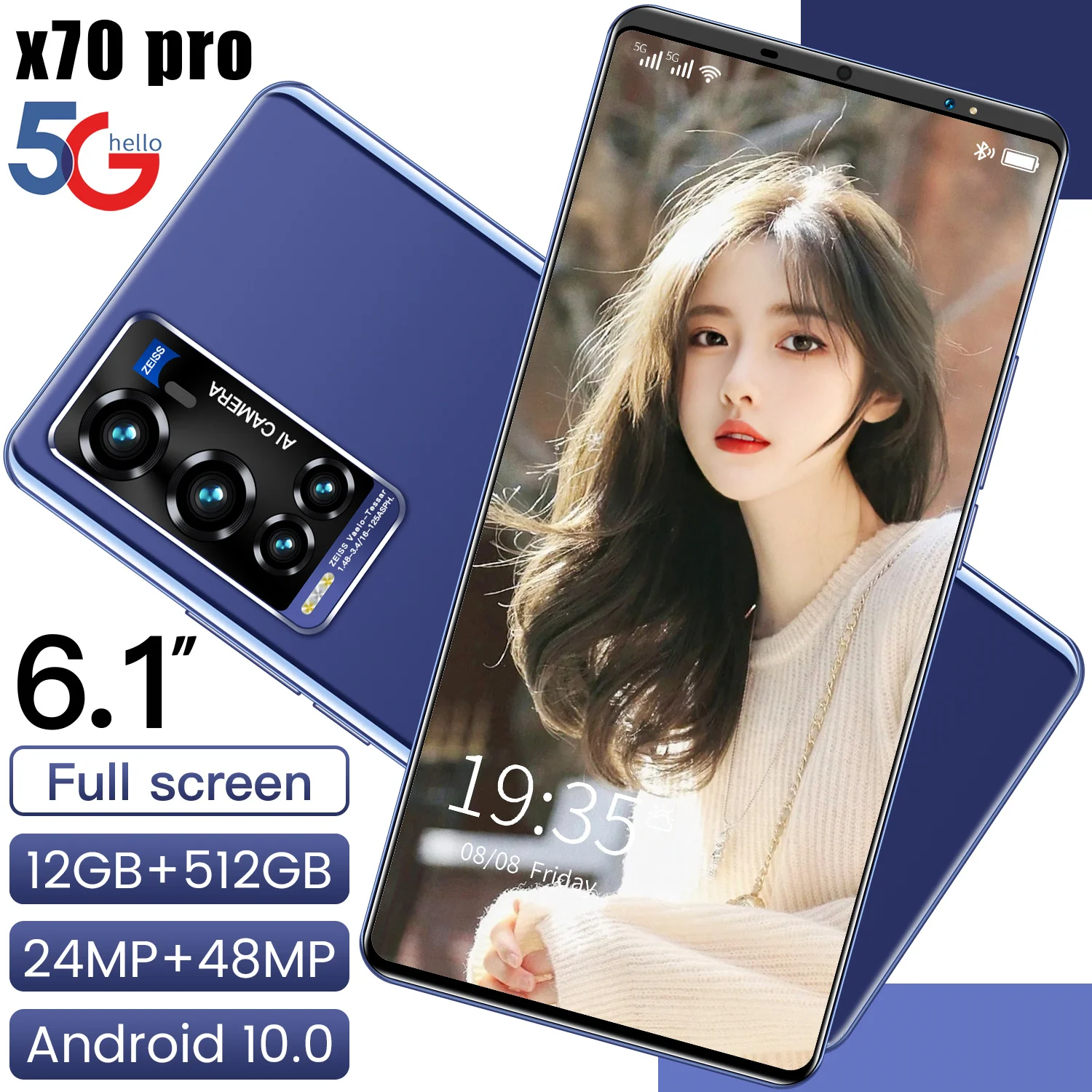 

X70 Pro Smartphone Android Cell Phone 5G 12+512GB MT6595 Deca Core 24+48MP Unlocked Cell Phones Global Version Featured Phone