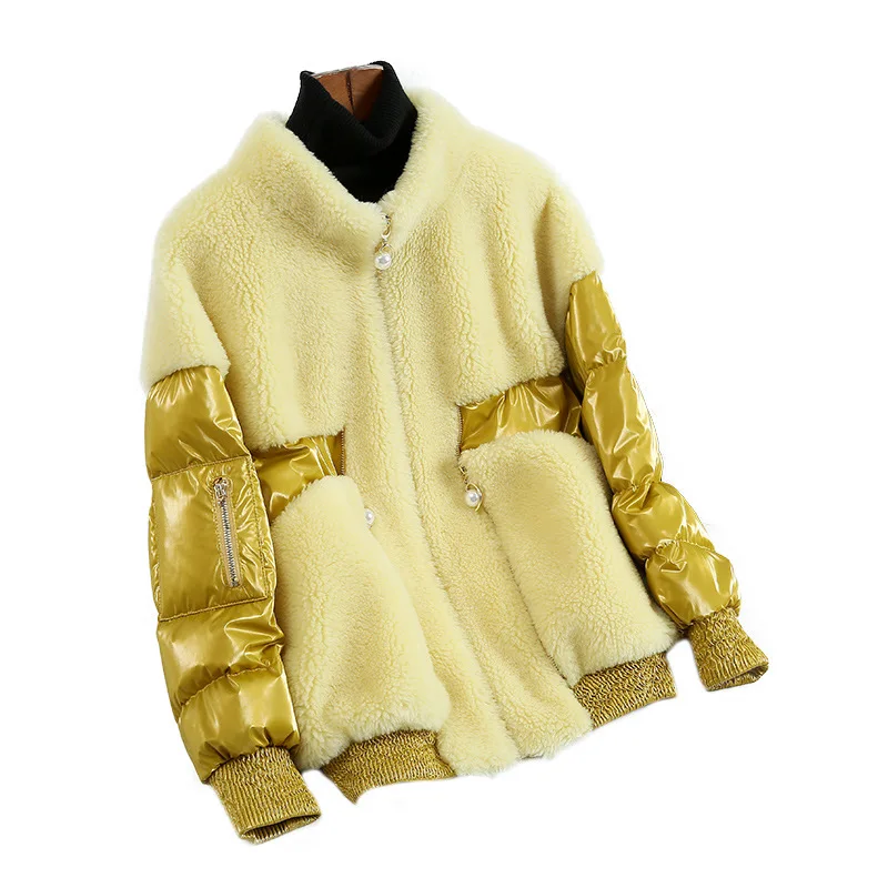 

Fur Cashmere Jackets Women 2021 Winter Fur Coat Lambswool Splice White Duck Down Female Warm Parka Short Outwear Down Coats Lady