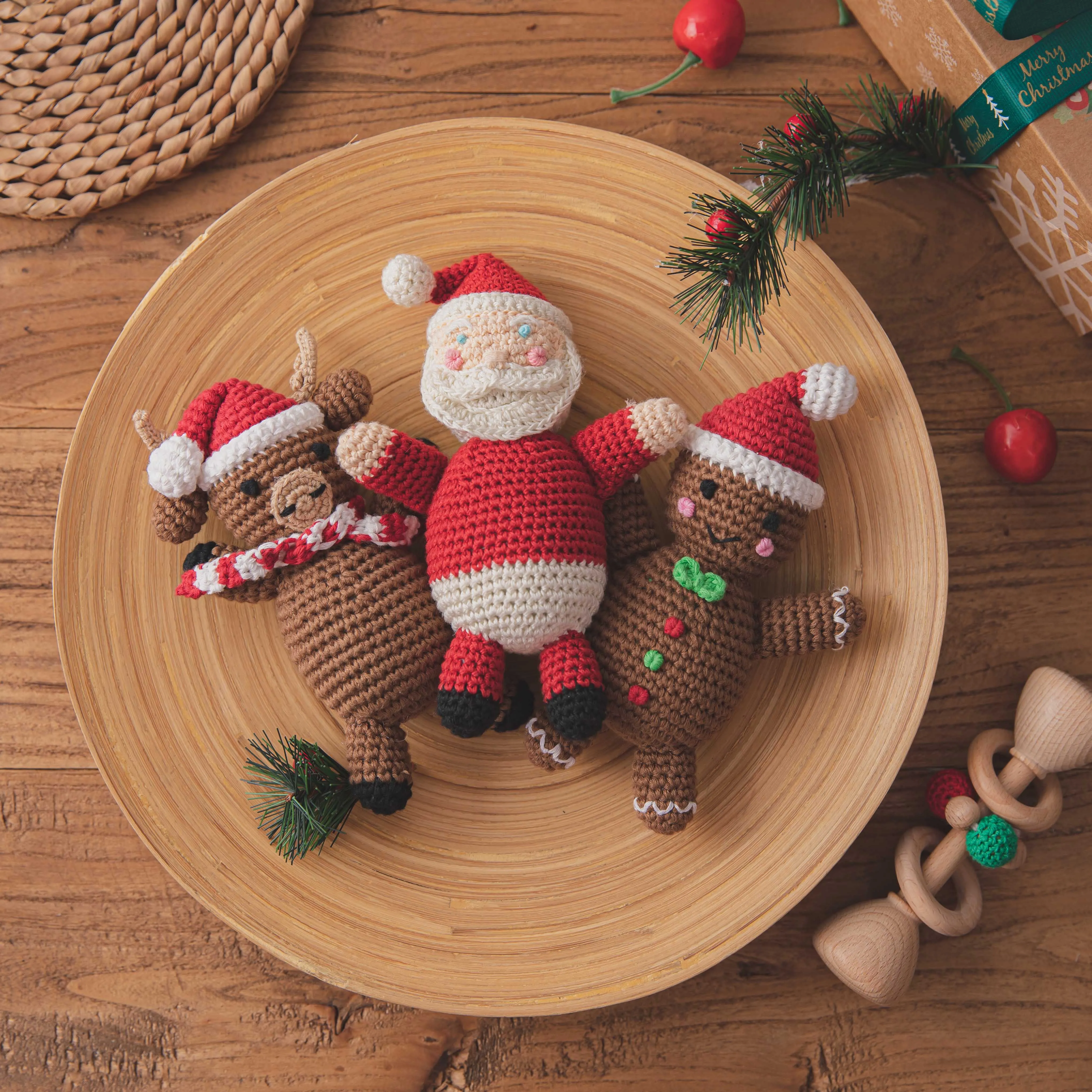 Juego de regalo de Navidad para ni&ntilde;os, mu&ntilde;eco de ganchillo, dulce, de jengibre, sonajero de mano de madera, producto para el cuidado de la dentici&oacute;n infantil, 1 Juego-2