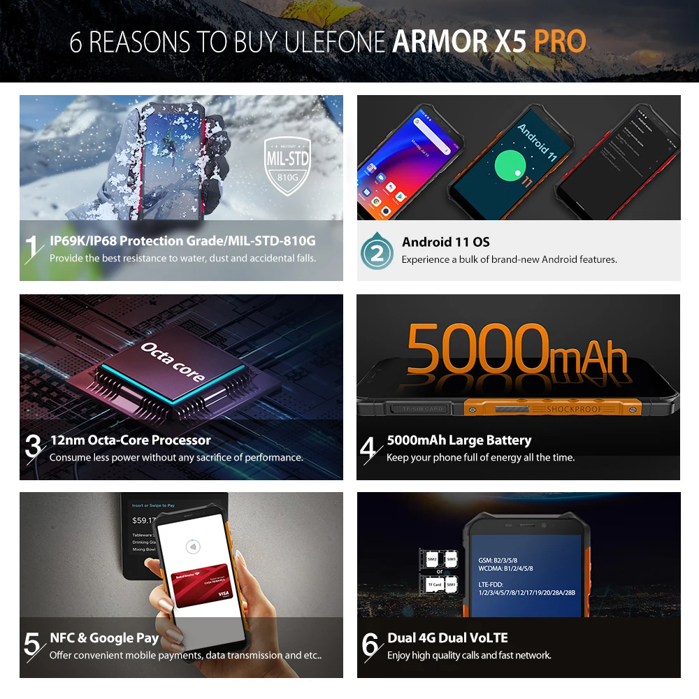 Kup Osłona Ulefone X5 Pro Android 11 Wytrzymały Wodoodporny Smartfon 4GB + 64GB Telefon Komórkowy NFC 4G LTE Telefon Komórkowy