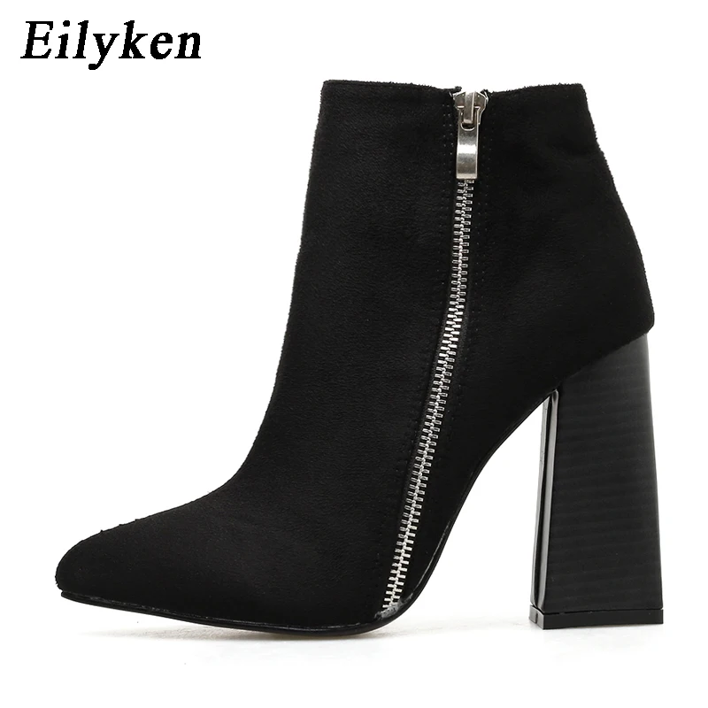 Black Eilyken/модные женские ботильоны; женские ботинки на высоком каблуке с острым носком на молнии; черные вечерние женские ботинки; Новинка года; сезон зима - Цвет: Black