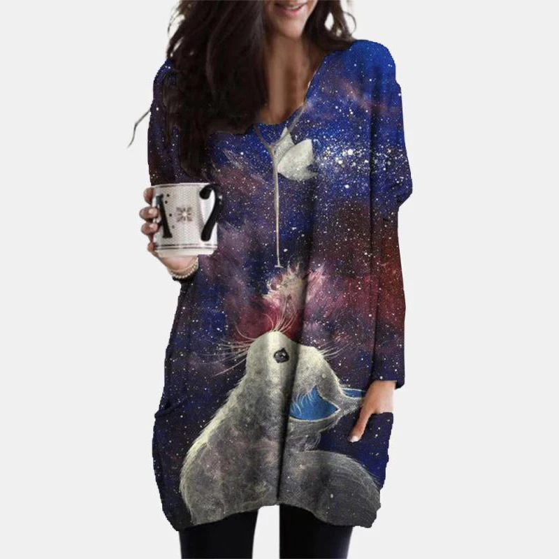 

Oversized Casual Dress Round Neck Printed Harajuku Style New Top Ladies Long Sleeve Pocket Loose Dresses For Fashion Female2021