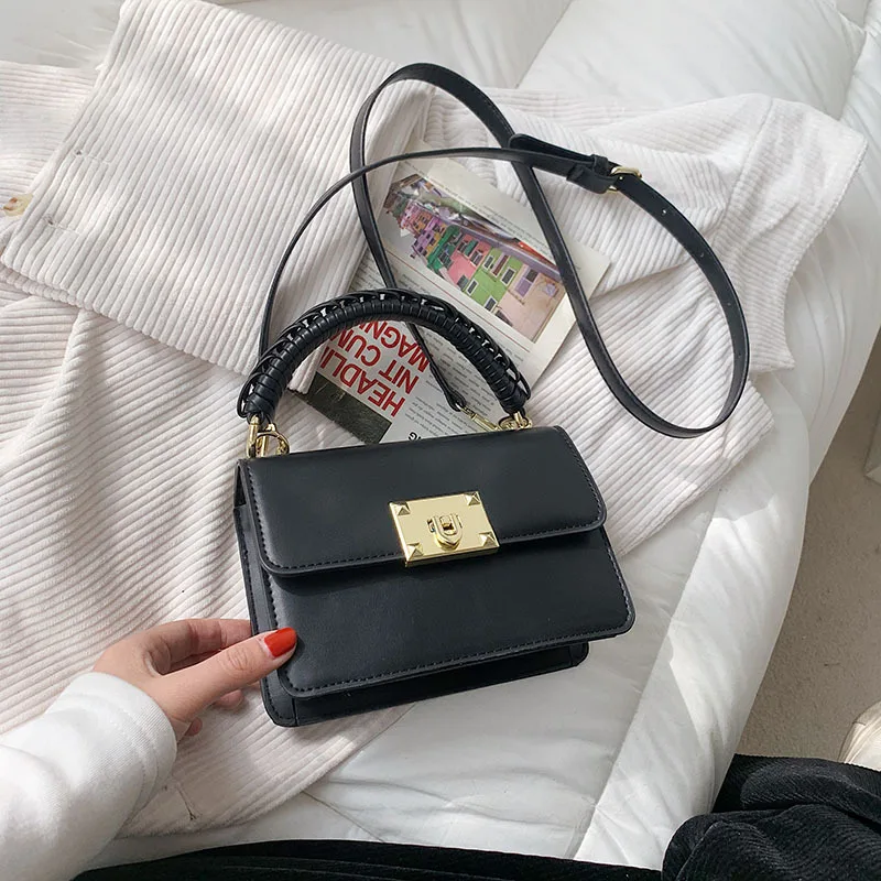

Knitting Portable Small Square Women's Fashion Pu Single Shoulder Bag Simple Messenger Lock Women's Bag