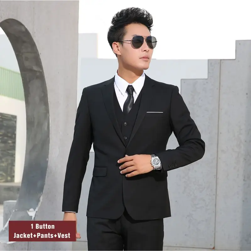 Shenrun Men Suits Slim Business Formal Casual Classic Suit Wedding Groom Party Prom Single Breasted Color Black Gray Navy Blue - Цвет: Black 3