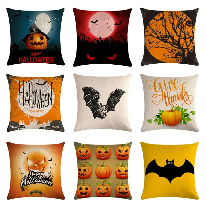 

Happy Halloween Cushion Cover Devil Ghost Bats Cotton Linen Witch PillowCase Home Decorative Orange 45*45cm Throw Pillow Cover