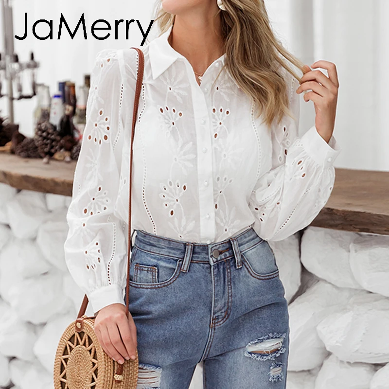 Женская блузка с цветочной вышивкой JaMerry белая хлопковая длинным рукавом и