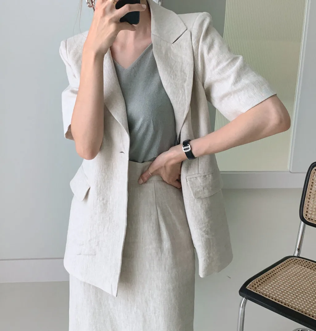 

Verano conjunto con americana Vintage dos piezas conjunto de falda de las mujeres de manga corta chaqueta de abrigo + cintura al
