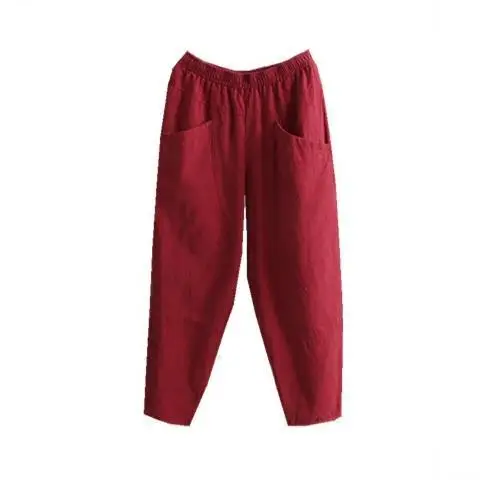 

2021 Spring Summer Women Cotton Linen Pant Solid Colors Loose Pockets Elastic Waist Office Lady Casual Plus Size Trousers M165