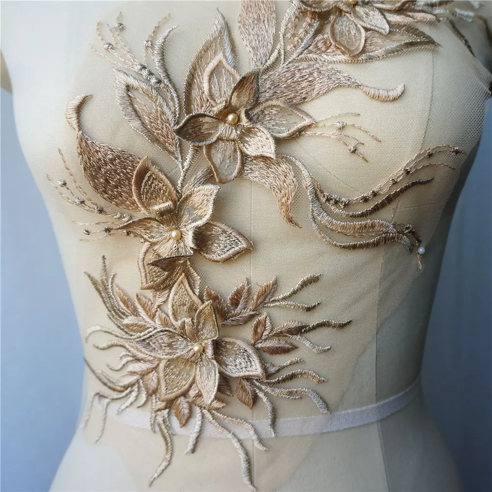 3D Цветочная кисточка золотого и коричневого цвета кружевная ткань аппликации