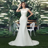 tanpell elegant wedding dress bateau neck cap sleeves appliques button lace court train mermaid wedding dress