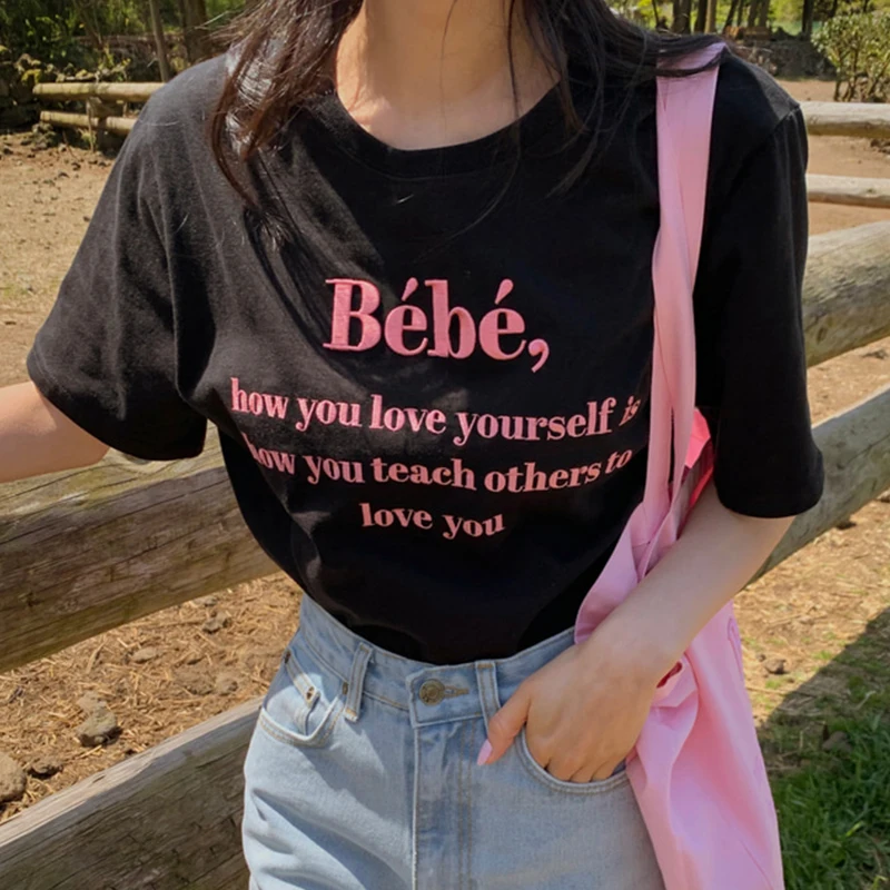

Korejpaa Women T-Shirt 2021 Summer Korean Chic Simple Retro Embroidered Three-Dimensional Letters Loose Short-Sleeved Pullovers