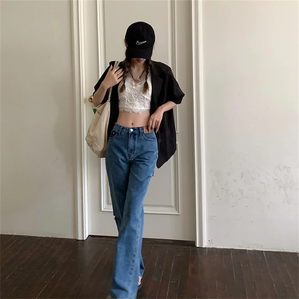 

Summer Light Washed Wide Leg Jean 2021 Hole Streetwear Chic Cowboy Loose High Waist Women Femme Pants Fashion Jeans