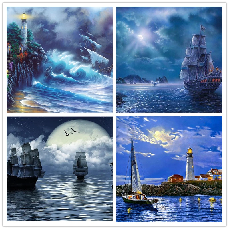 Алмазная картина 5D с полными квадратами для рукоделия парусная лодка пейзаж