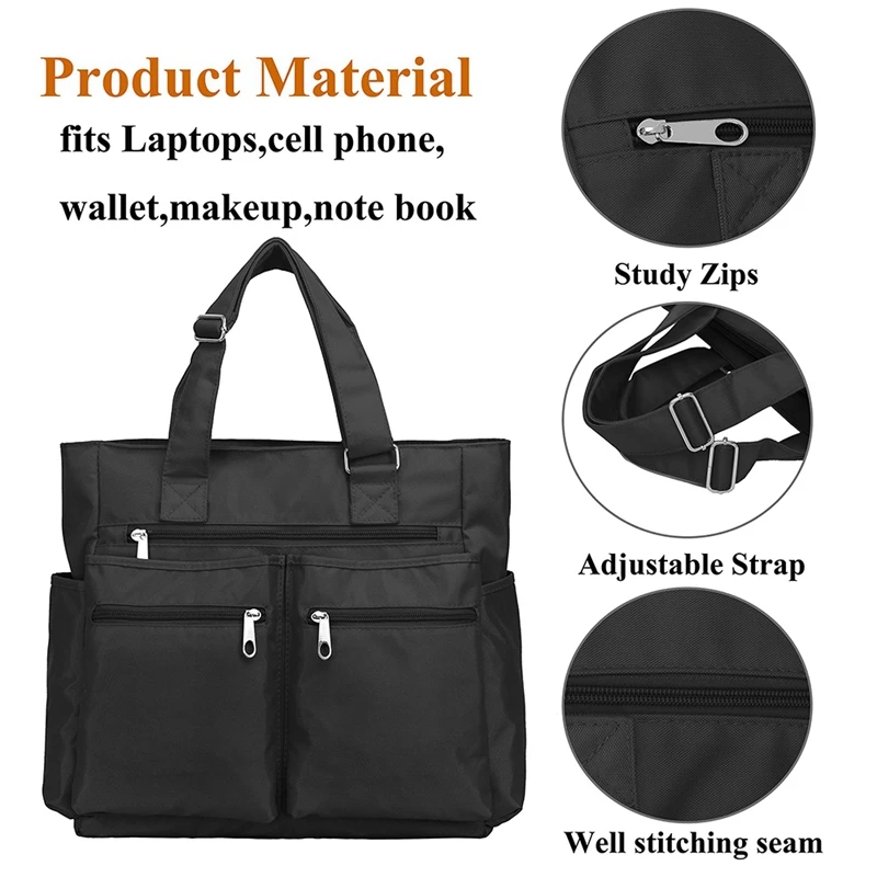 

NEW-Canvas Tote Bag Waterproof Nylon Multi-Pocket Laptop Work Bag Teacher