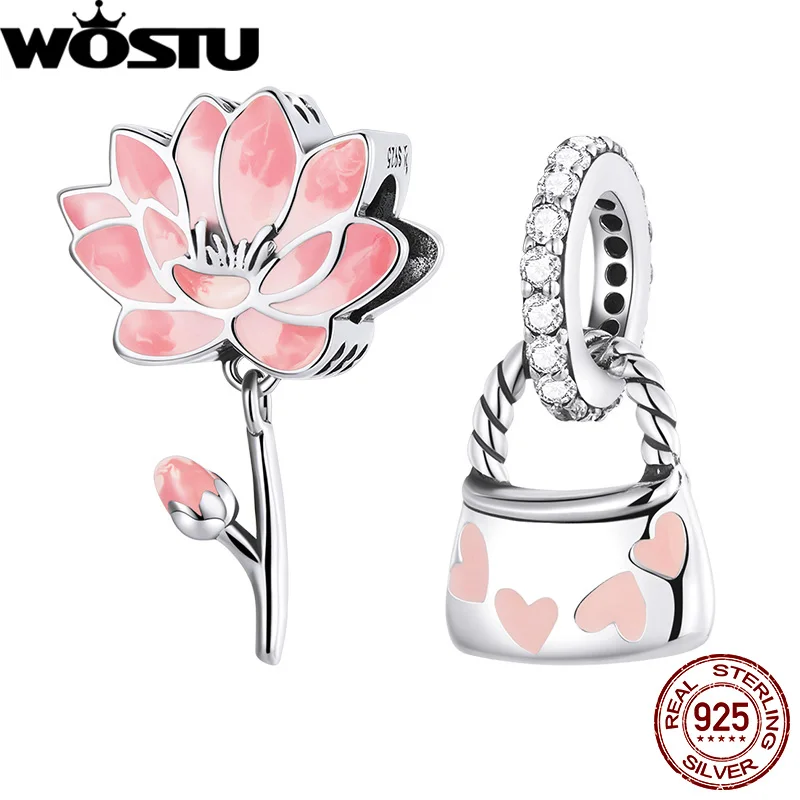 

WOSTU 925 Sterling Silver Sweet Pink Love Bag Fresh Lotus Charms Beads For Women Fit Original Bracelet Necklace Jewelry Making