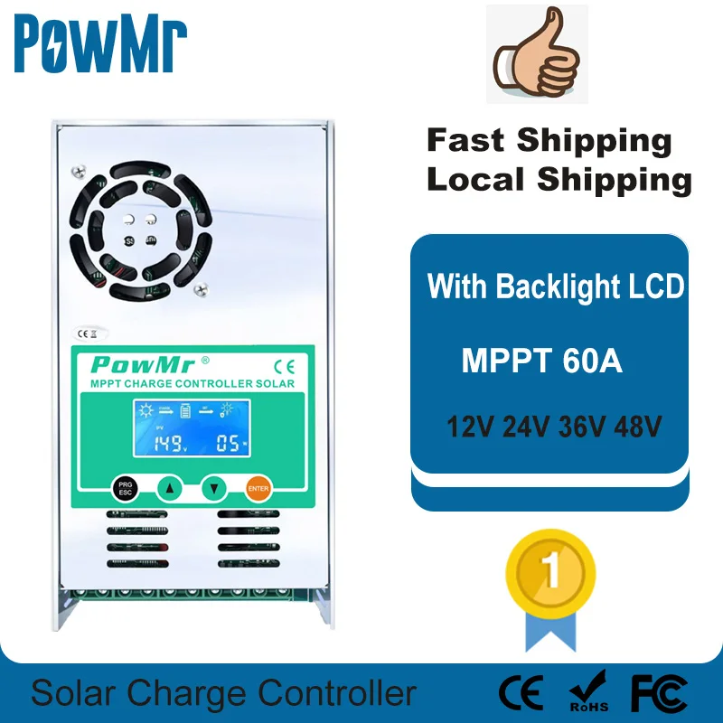 PowMr MPPT 60A контроллер солнечного заряда 12 В 24 в 36 48 авто для Max 190VDC PV вход