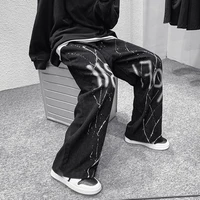 qweek harajuku print black corduroy pants women punk streetwear graffiti oversize wide leg trousers for female korean fashion