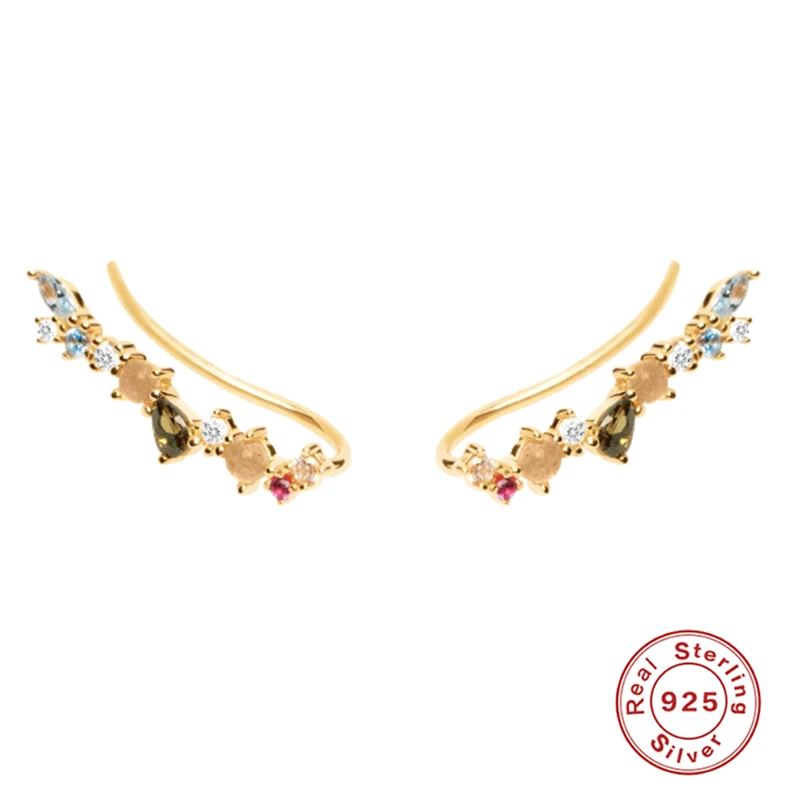 

GS 925 Sterling Silver Gold Flower Rattan Stud Earrings For Women Colorful Rainbow Zircon Ear Climber Earring Fine Jewelry