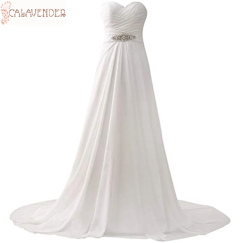 

Boho A-Line White Beach Wedding Dresses for Sale Crystals Beaded Chiffon Bridal Gowns Vestidos De Noche