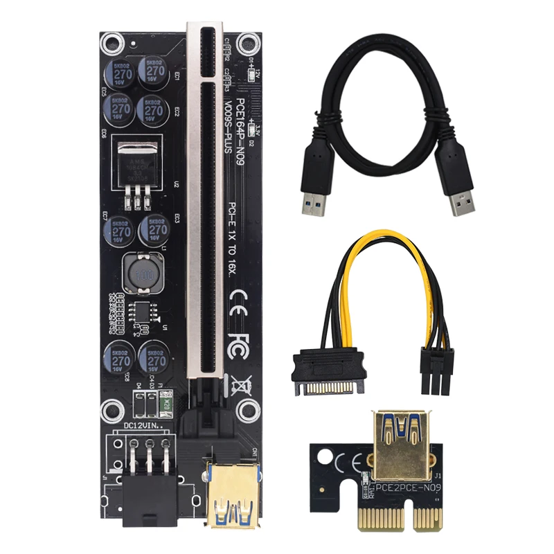 

100Pcs VER009 Plus USB3.0 PCI-E Riser Card Ver 009s Express 1X 4x 8x 16x SATA 15pin to 6 pin Extender Adapter BTC Mining Miner