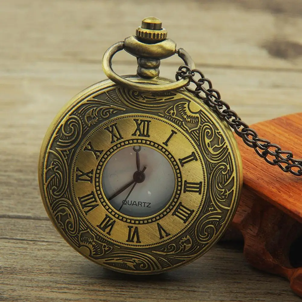 

Vintage Unisex Hollow Round Dial Double Display Quartz Pocket Watch with Chain