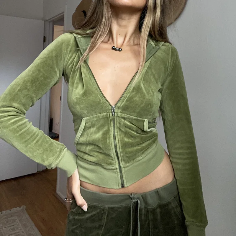 Женская бархатная толстовка с капюшоном карманами на молнии|Женские толстовки и