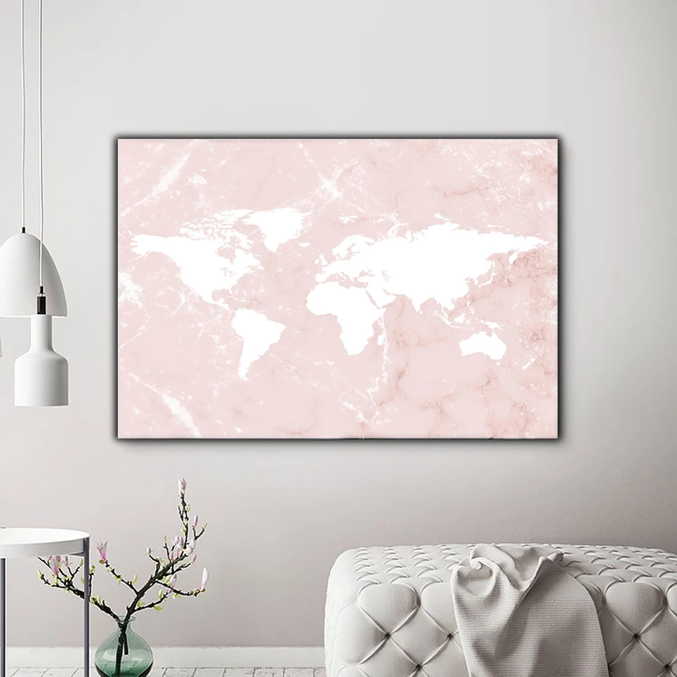 

Rose Gold Marble Map Fashion Wall Decoration Blush World Map Prints Posters Wall Art Canvas Painting Feminine Home Decoration