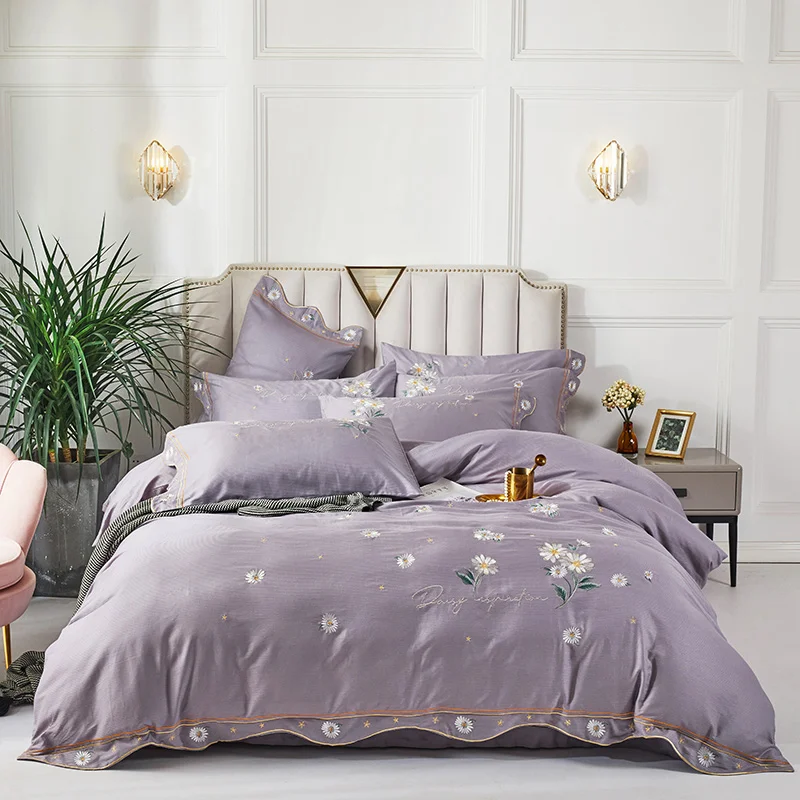 

100%Cartoon Pink Flamingo Bedding Sets With Daisy 4pcs Geometric Pattern Bed Linings Duvet Cover Bed Sheet Pillowcases Cover Set