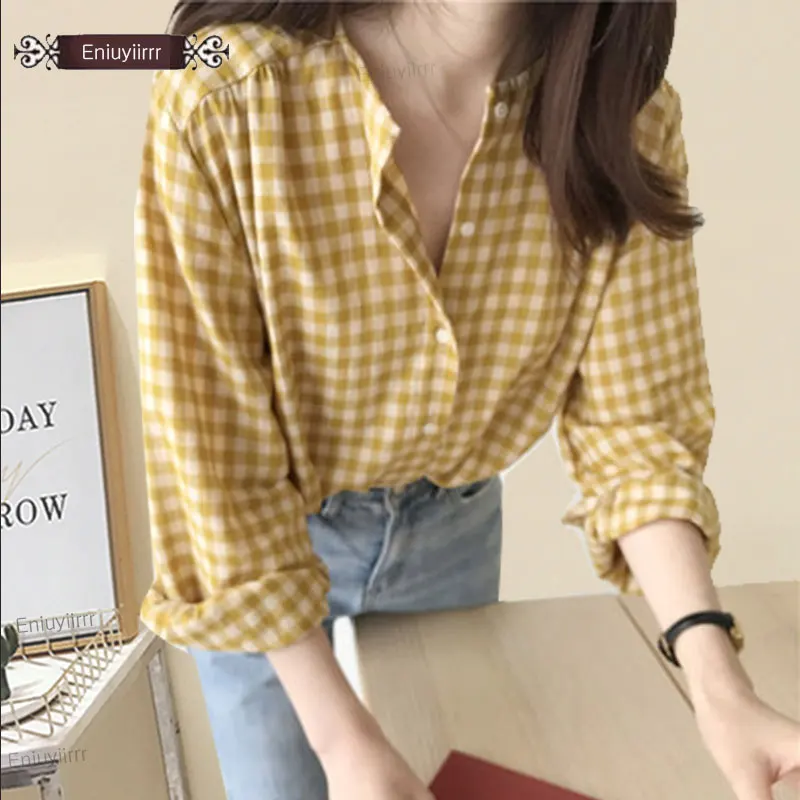 

2020 Spring Summer Button Shirts Women Long Sleeve Sweet Korean Japanese Preppy Style Girls Yellow Plaid Shirt Tops E936