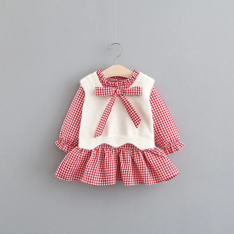 

Костюм в клетку с бантом, жилет + платье, для маленьких девочек, Весенний костюм принцессы с длинным рукавом, одежда для девочек