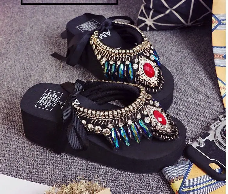 Сланцы женские на танкетке пляжная обувь с цветочным принтом ручная работа