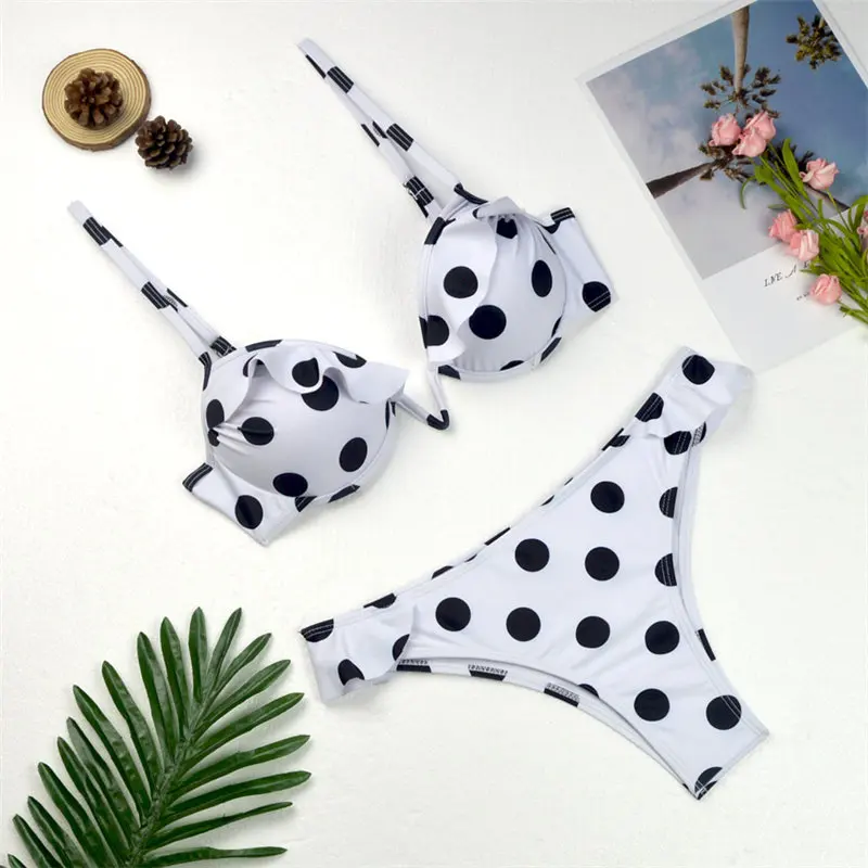 Женский комплект бикини в горошек купальный костюм с пуш-апом и рюшами полоску