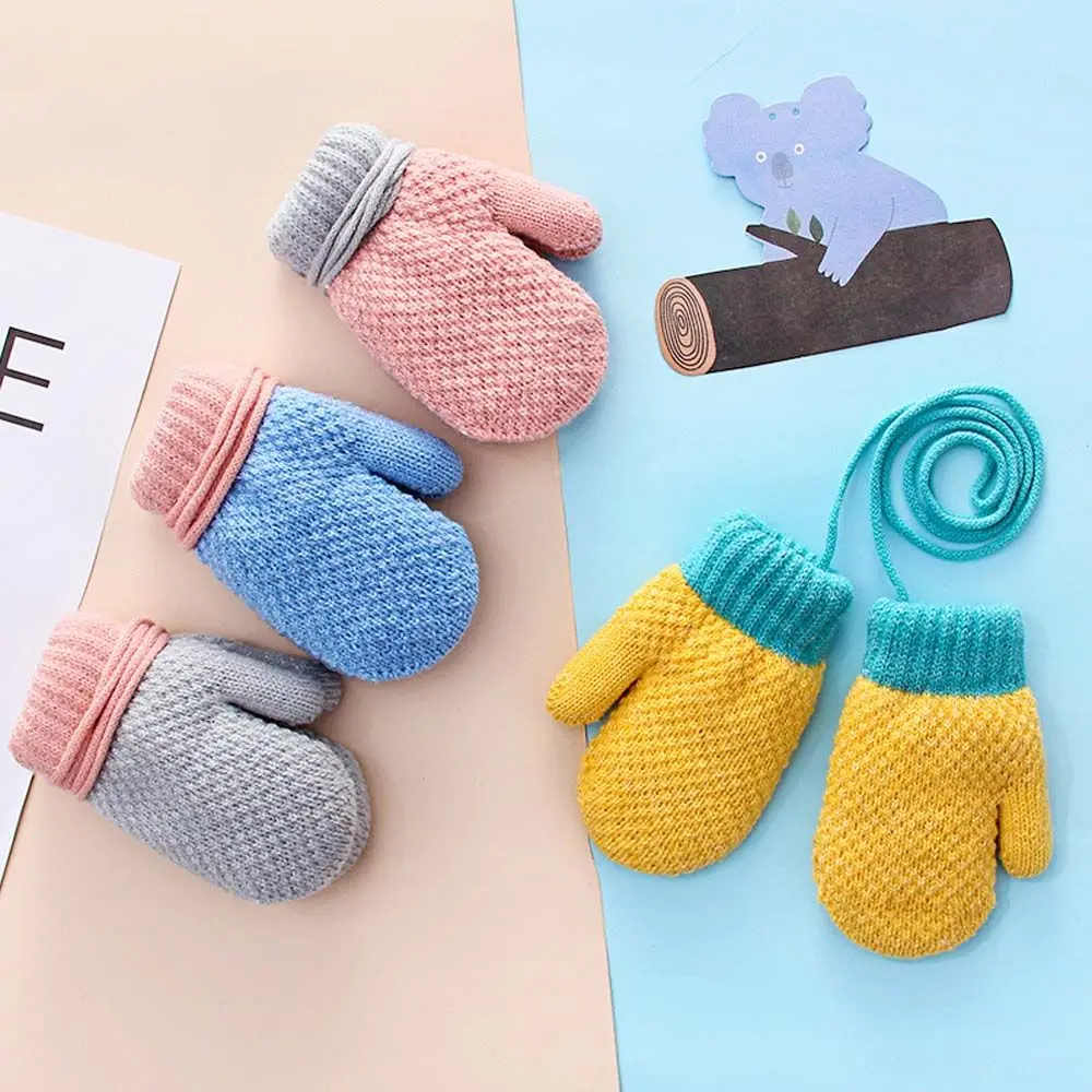 Winter Baby Boys Girls Knitted Gloves Warm Full Finger Mittens Gloves with Rope For Children Toddler Kids 2-4Years