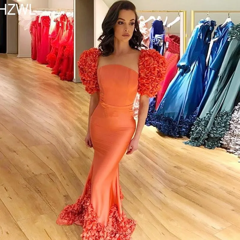 

Женское атласное вечернее платье-русалка, оранжевое платье с коротким рукавом, ярких цветов, для выпускного вечера