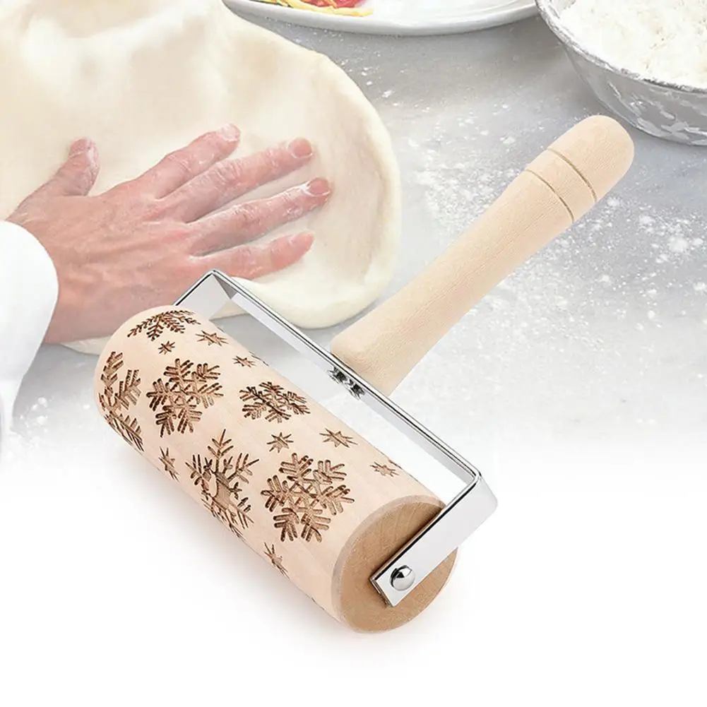 

Wooden Rolling Pin Hand Roller Engraved Christmas Print Roller For Pastry Fondant Cookie Dough Chapati Pasta Bakery Kitchen E9M1