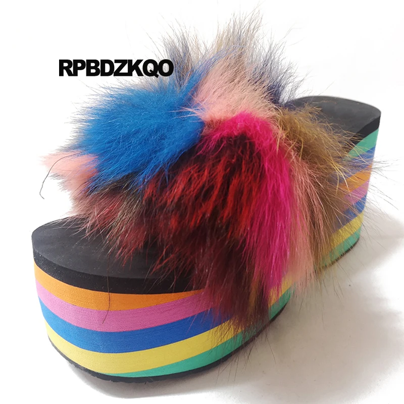 ВПП высокий каблук Flatform радуга открытый носок пушистый насосы с мехом обувь