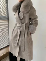 2022 spring women woolen cashmere overcoat real fox fur collar wool female jacket real mink fur cuff wool coat