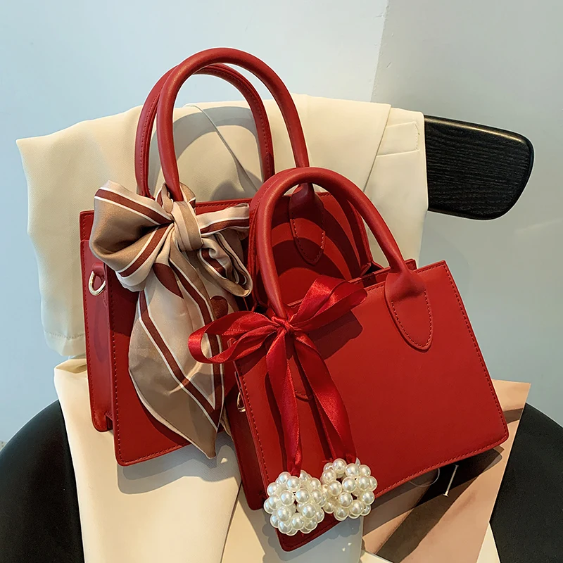 

Solid color Square Tote bag 2021 Summer New High-quality PU Leather Women's Designer Handbag Ribbon bow Shoulder Messenger Bag