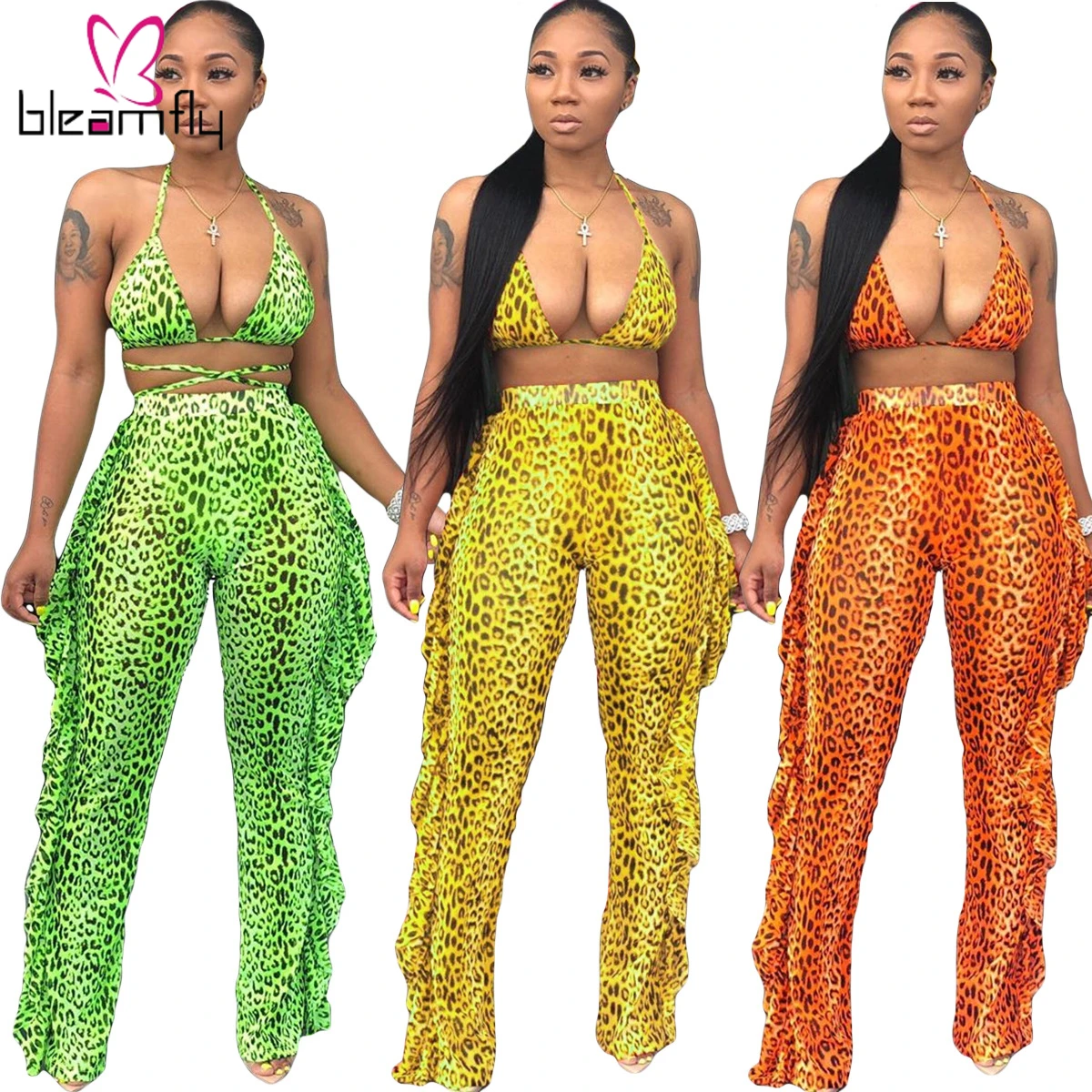 Женский леопардовый топ с v образным вырезом и открытой спиной + штаны оборками